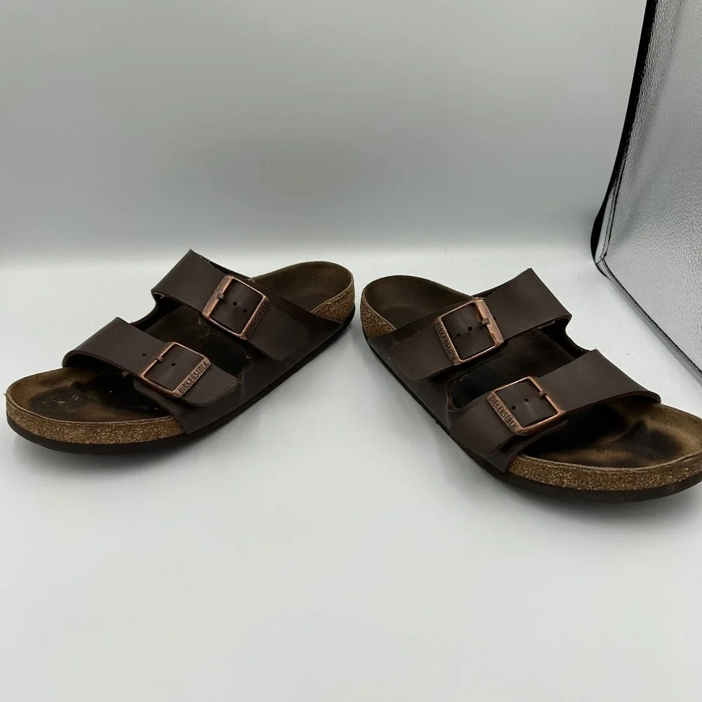 Birkenstock Arizona Sandals Mens 40 Brown Birko-Flor Two Strap Slides